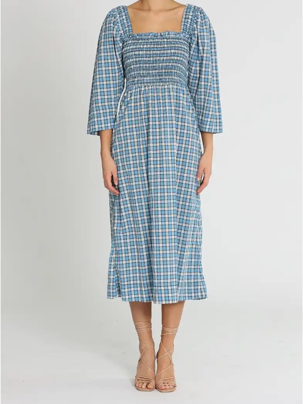 Ganni Blue Plaid Smocked Square-Neck Midi Dress Size 36 - Picture 2 of 5